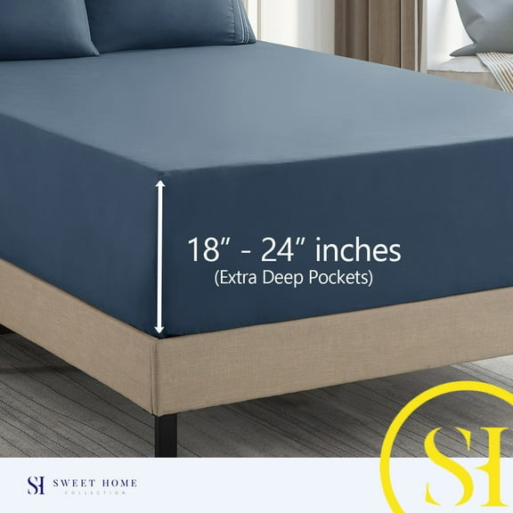 Sweet Home Collection Extra Deep Pocket, Fits 18"-24", Deluxe Microfiber 4 Piece Sheet Set, King, Denim