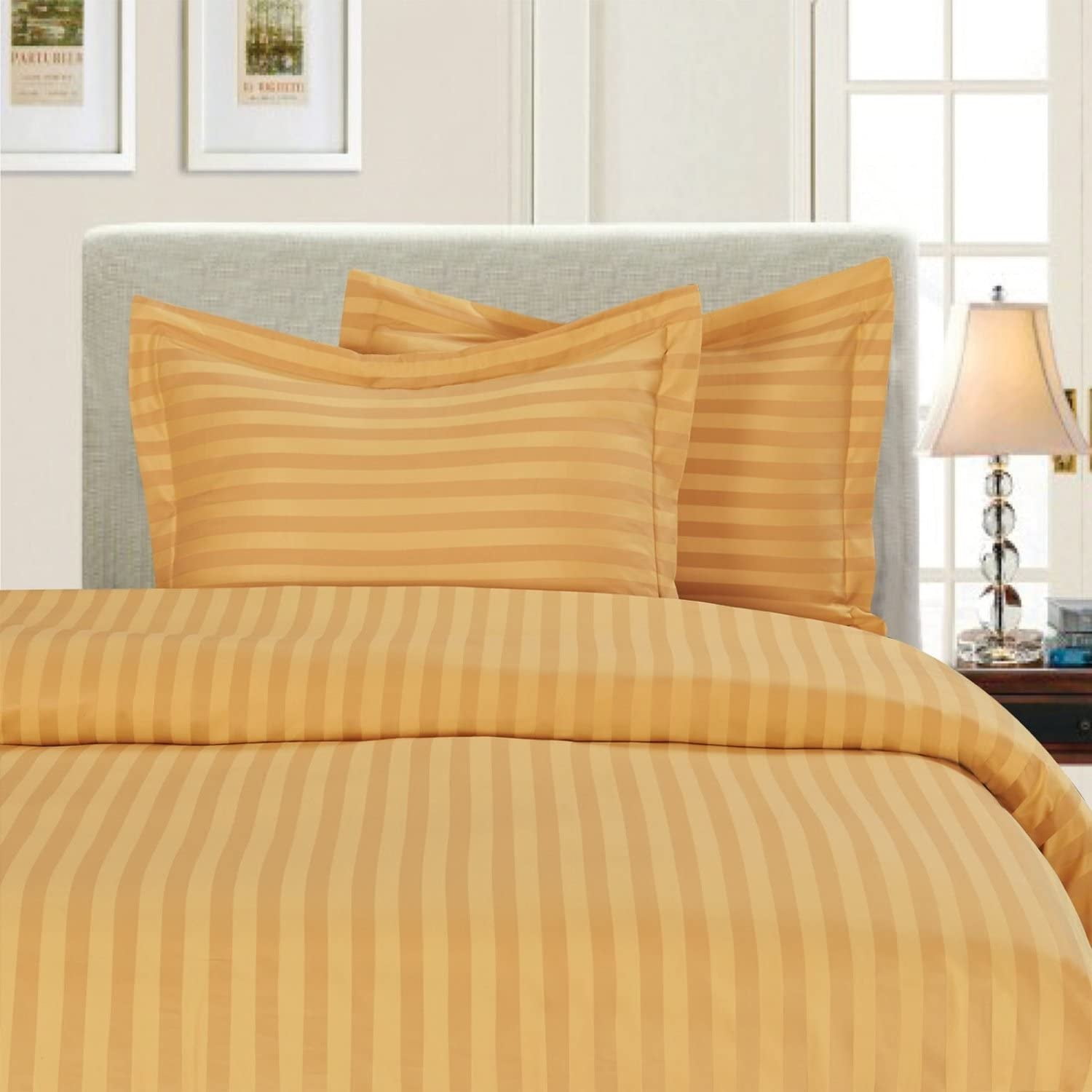Elegant Camel Gold 3-Piece Damask Stripe Duvet Cover Set