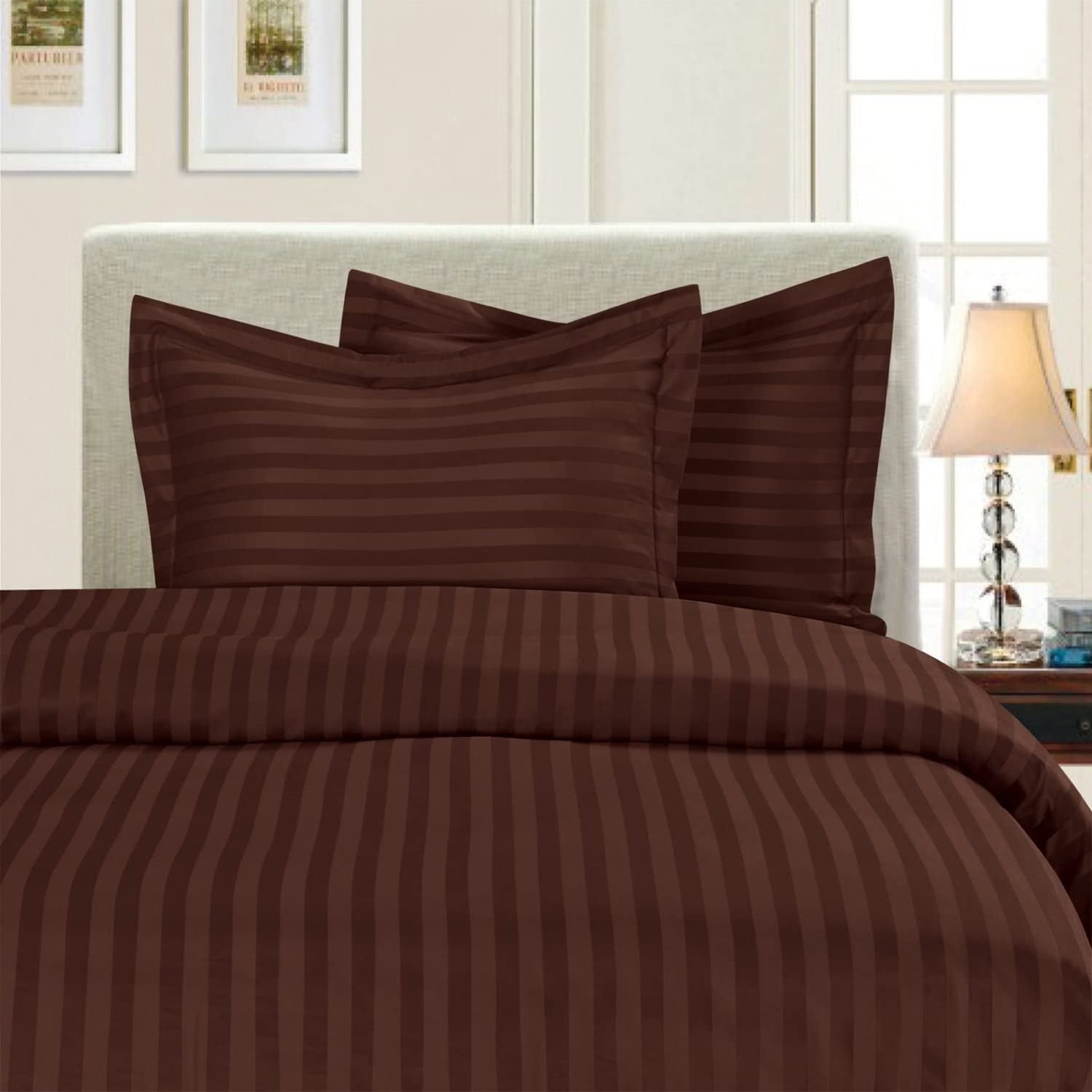 Elegant Brown Damask Stripe Full/Queen Duvet Cover Set