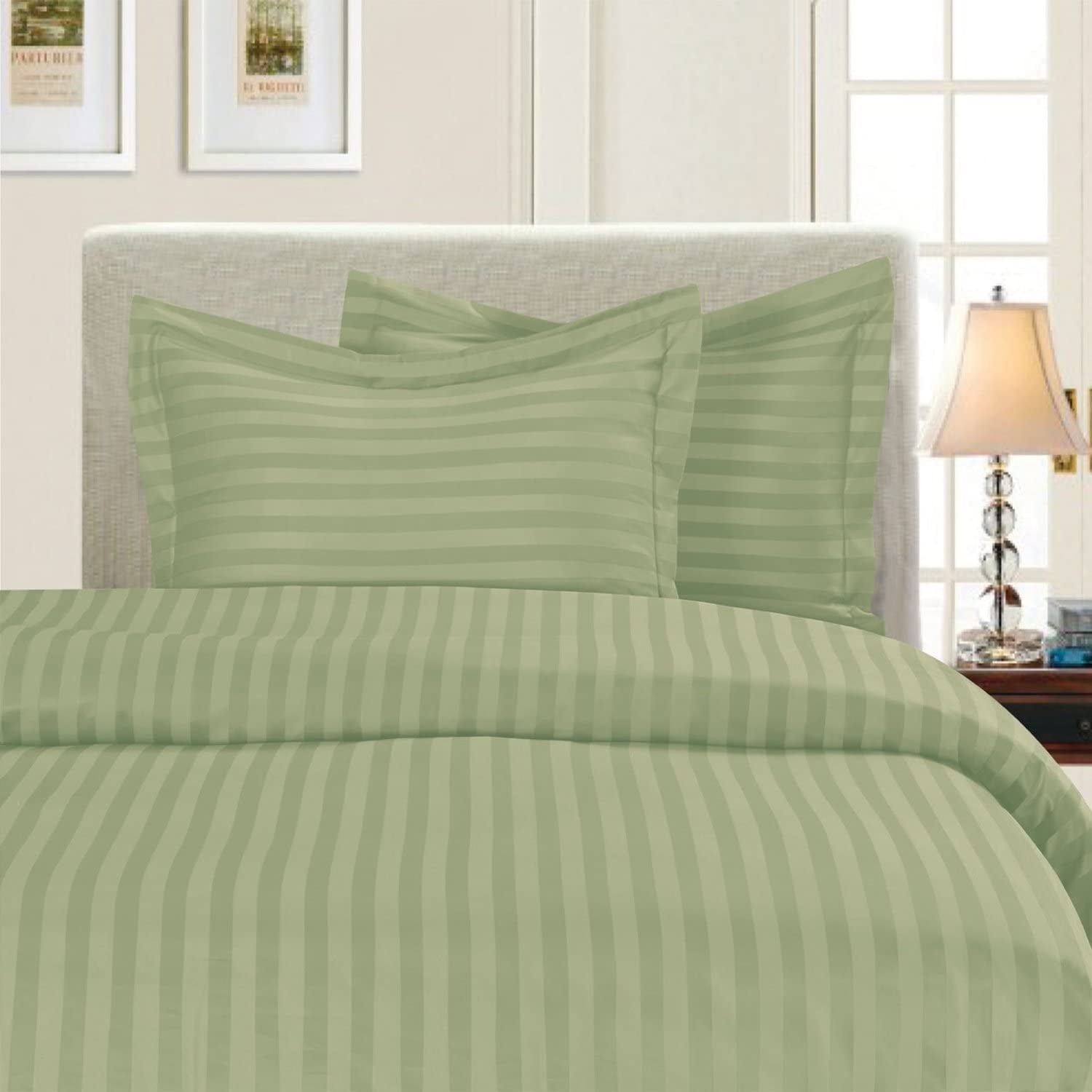 Elegant Sage Green Cotton Damask Stripe Full/Queen Duvet Cover Set