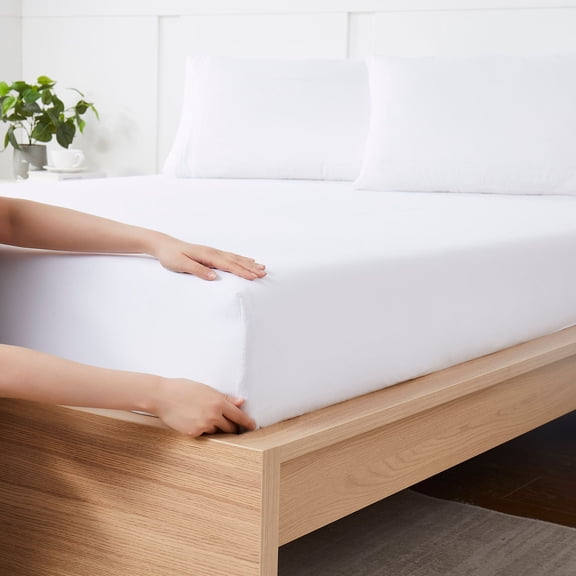 Fitted Sheet Brushed Microfiber Bottom Sheets with Built in Sheet Straps, King Size Bed, Solid Color White