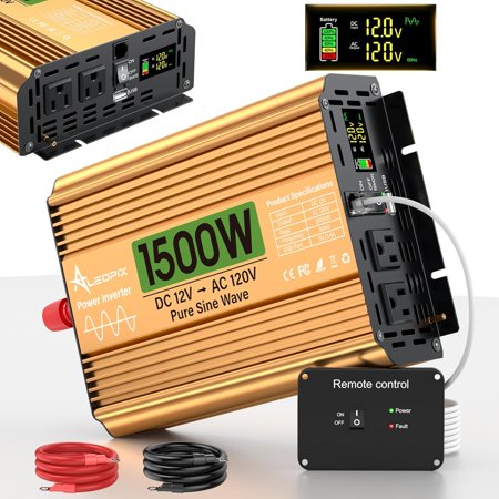 1500 Watt Inverter 12V DC to 110V/120V AC, Pure Sine Wave Inverter for /RV//Solar/Off-Grid, Surge 3000W Pure Sine Power with 2 AC Sockets, 5V 3.4A , Digital Display, Remote Controller