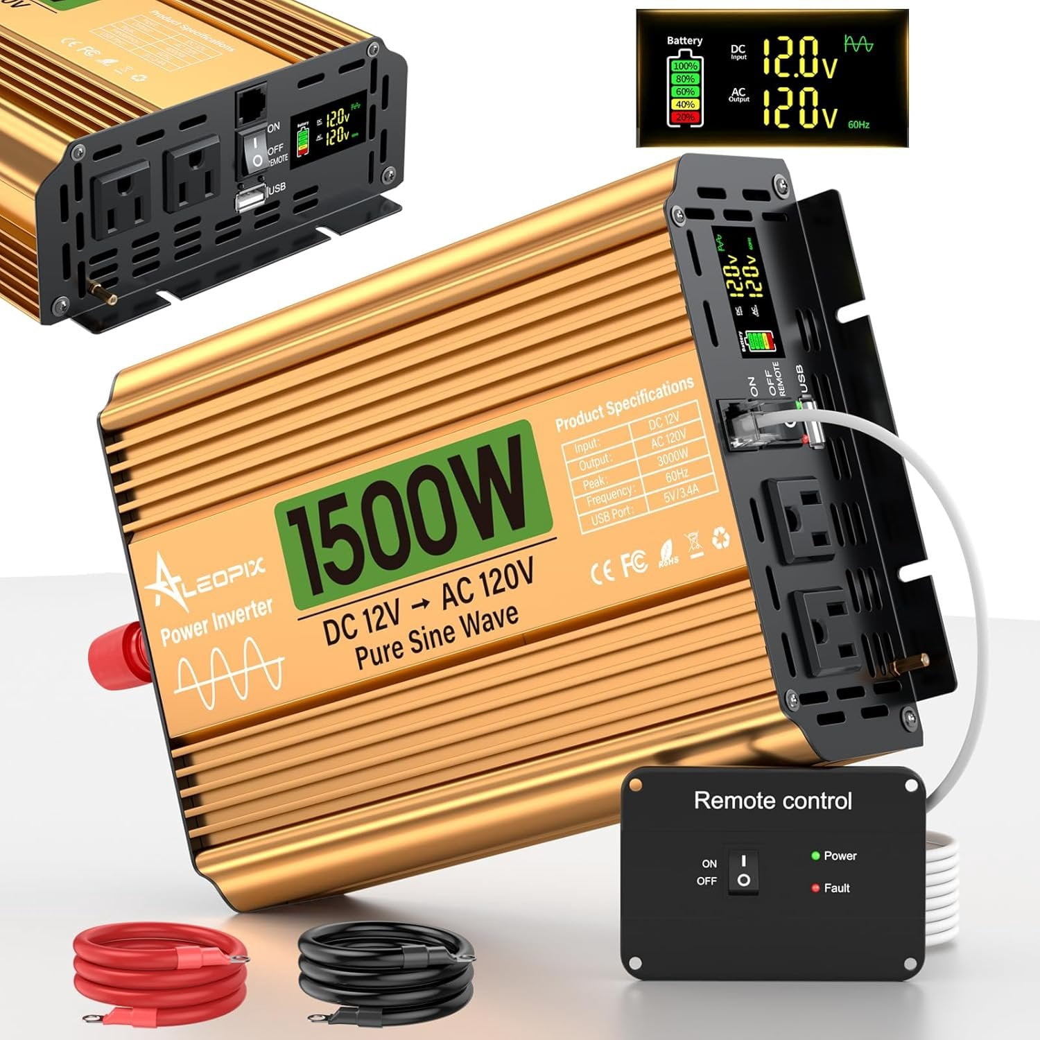 1500 Watt Inverter 12V DC to 110V/120V AC, Pure Sine Wave Inverter for /RV//Solar/Off-Grid, Surge 3000W Pure Sine Power with 2 AC Sockets, 5V 3.4A USB, Digital Display, Remote Controller