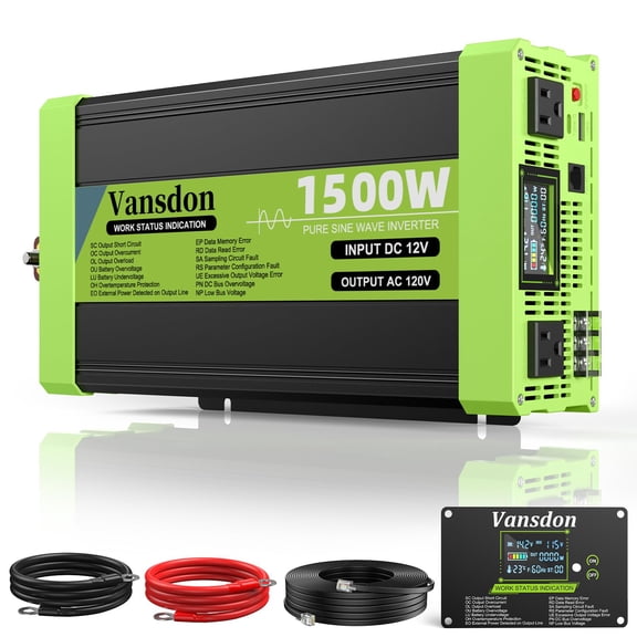 1500 Watt Pure Sine Wave Inverter 12V DC to 110V/120V AC Power Inverters for RV Truck Solar, 3 AC Outlets, USB-C, LCD Remote