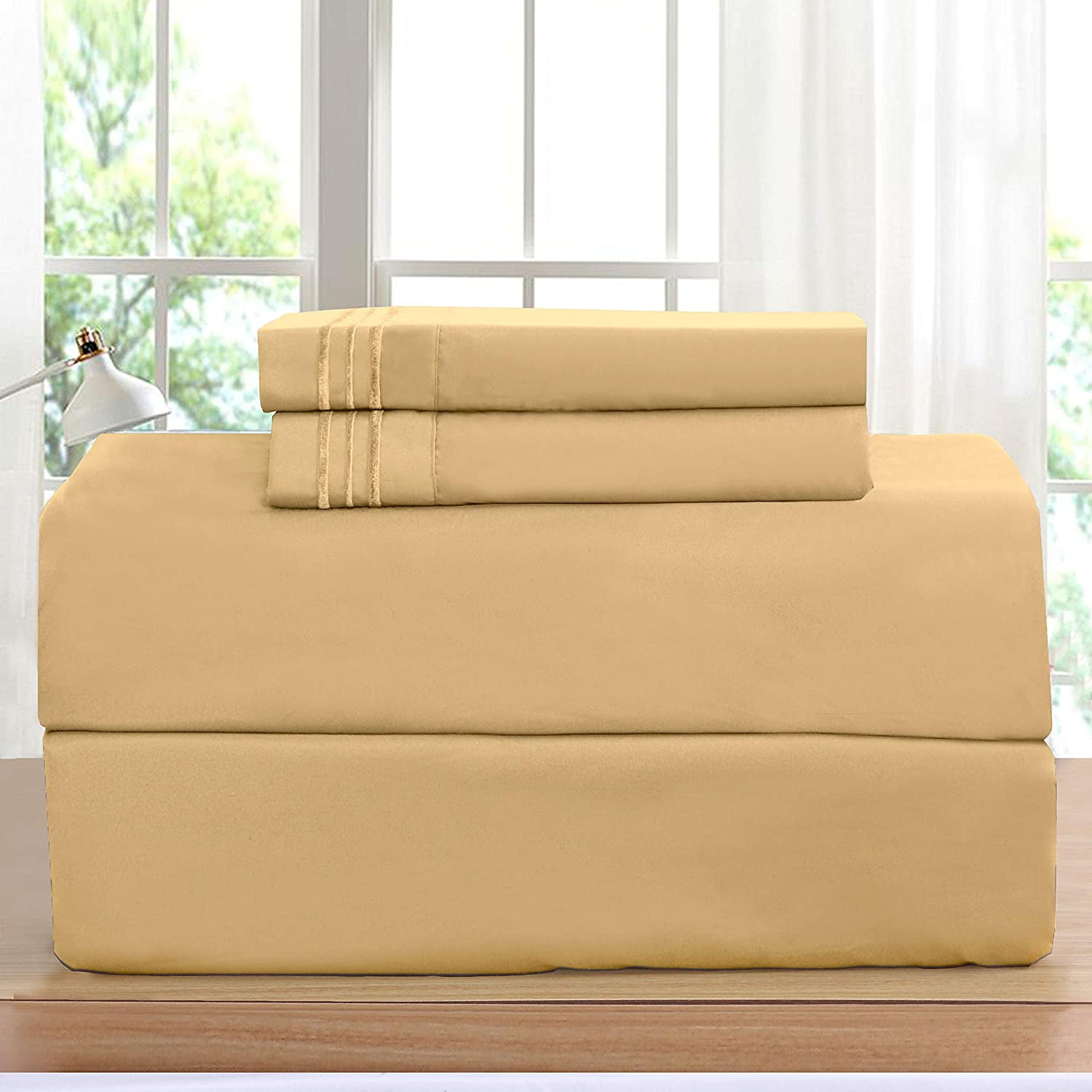 1500 Wrinkle Free Microfiber Bed Sheet Set Deep Pocket -Full Gold