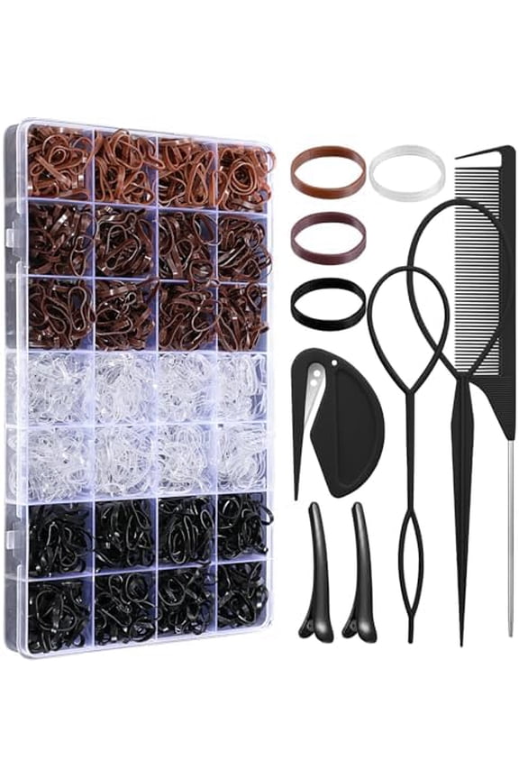 1500 count Hair Bands in 4 Colors - Rubber Hair Ties with Organizer Box and 6 Styling Tools for Women, Girls,