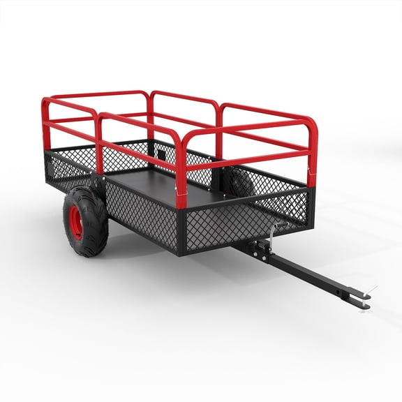 1500 lb Steel Dump Trailer Tow Behind – 20 Cubic Feet Heavy Duty Garden Cart with Removable Sides & All Terrain Tires, Pull Behind for Lawn Mower, Tractor, ATV, UTV, Red