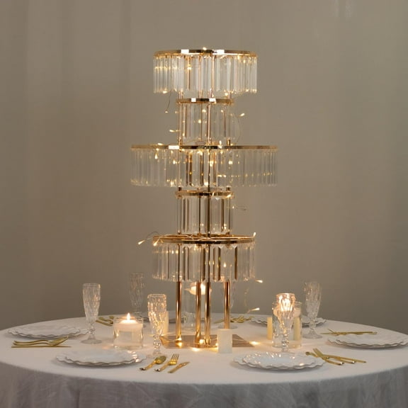 Efavormart Crystal Pendant 5-Tier Table Centerpiece Chandelier in Gold, 40" Flower Stand Metal Vase Round Pedestal with Hanging Crystals