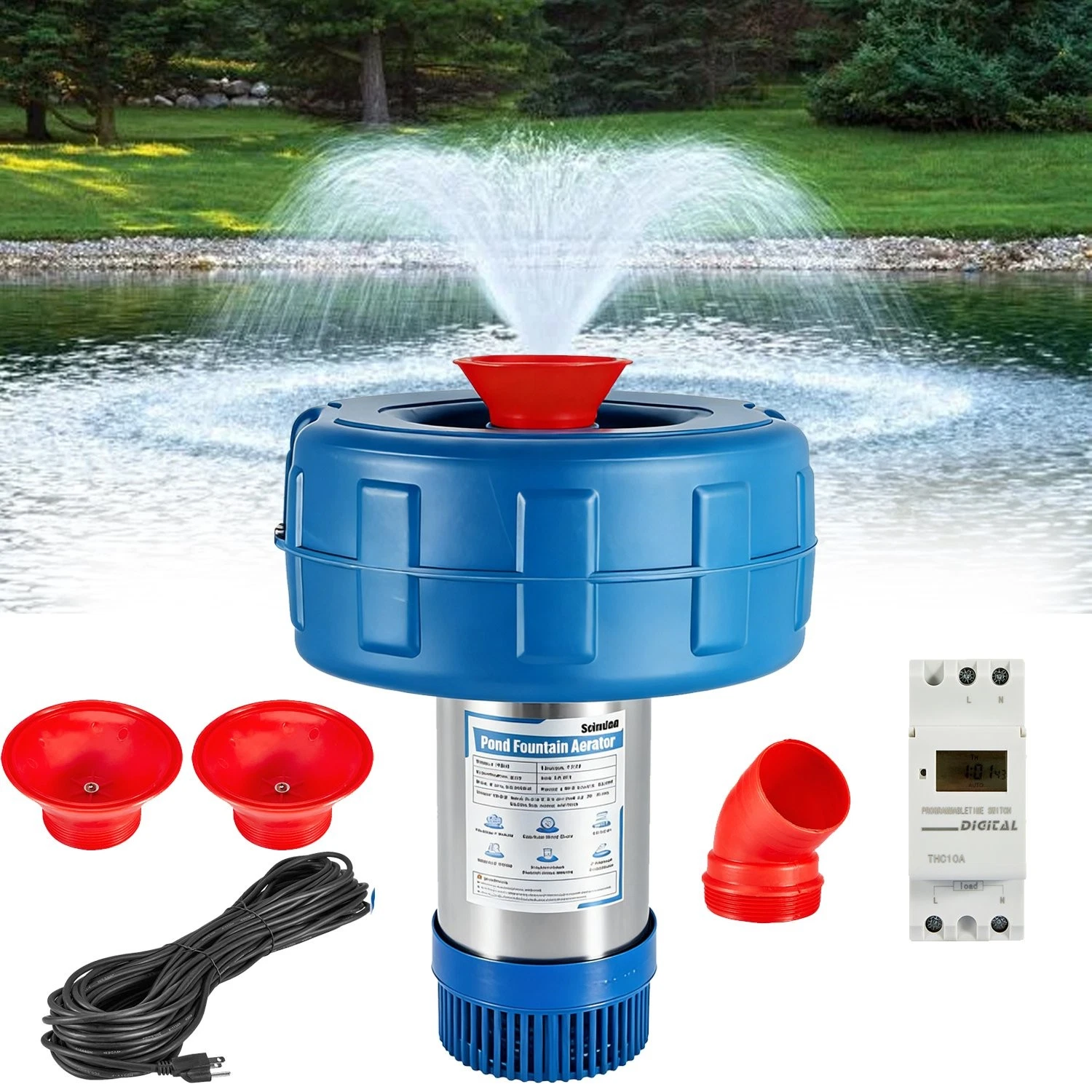 FOUR E's Scientific Pond Fountain Aerator, 1HP 15000GPH Floating Fountain Pump with 100ft Power Cord for Outdoor Ponds, 110V 750W