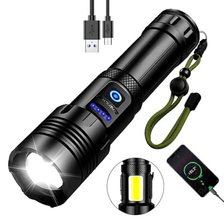 15000 Lumen Powerful Rechargeable Flashlight,USB Rechargeable IPX6 Waterproof Searchlight,7 Modes LED Flashlight for Hiking,Camping,Outdoor Sports