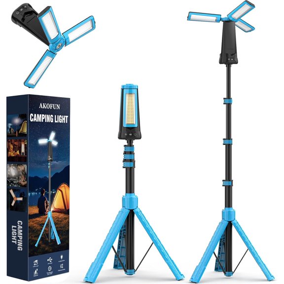 15000 mAh Rechargeable Camping Light with Stand, Cordless Work Light with 3 LED Lamp Heads, 5500 Lumens Dimmable Camping Essentials Gear Emergency Flashlight with 86" Detachable Tripod, Blue