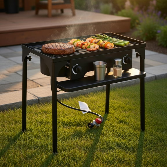 150000 BTU Dual Burner Outdoor Propane Stove Grill Heavy-Duty Cast Iron Cooktop For Camping/Tailgating