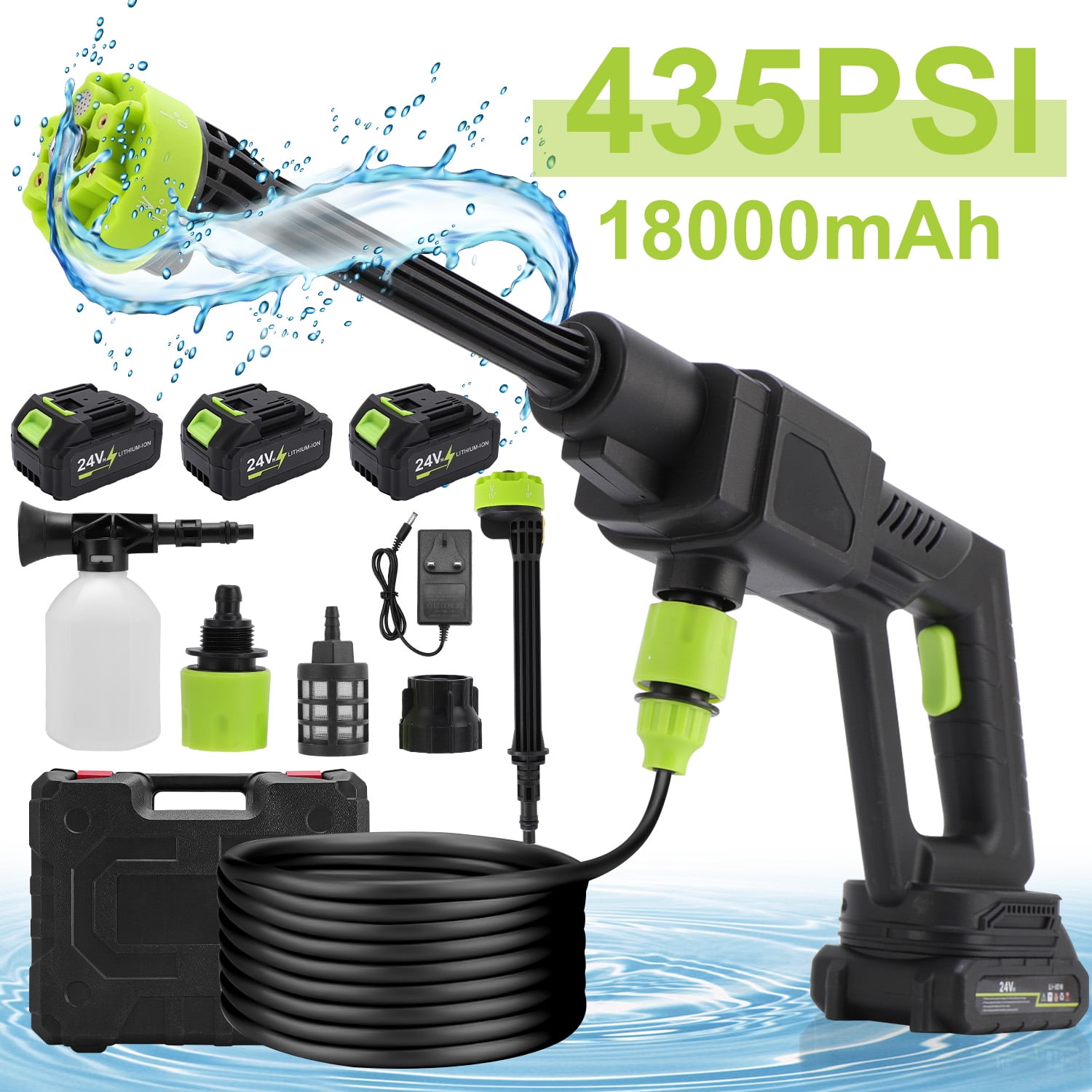 18000mAh 24V Cordless Pressure Washer with 3 Rechargeable Batteries, 16.4FT Water Pipe and 6 In 1 Nozzles Car Power Cleaner Machine, 435PSI