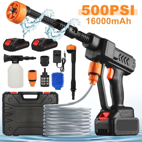 500PSI Cordless Pressure Washer w/ 2 Battery, Adjustable 6-in-1 Nozzle Portable Handheld Electric Power Washer with 16.4ft Hose for Car, Home, Patios