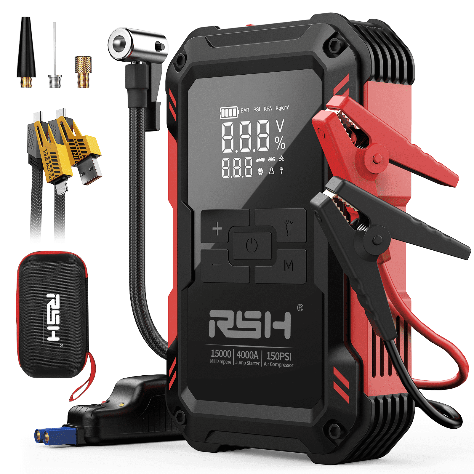 RSH Portable Car Jump Starter 15000mAh, Battery Booster Pack with Jumper Cables, Air Compressor Tire Inflator, Car Charger for 12V Vehicles, Black