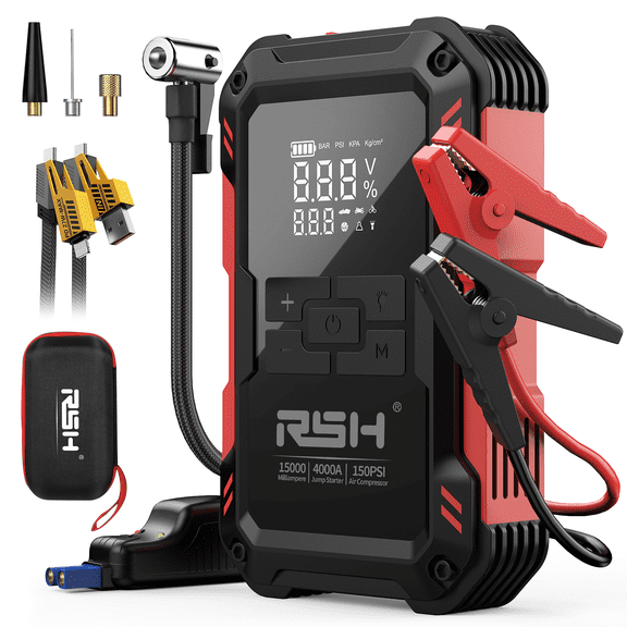 RSH Portable Car Jump Starter & Battery Booster with Jumper Cables, 15000mAh Battery Pack Jump Starter Box, 4000A Peak Car Battery Jumper, 150PSI Air Compressor Tire Inflator for 12V Vehicles, Black