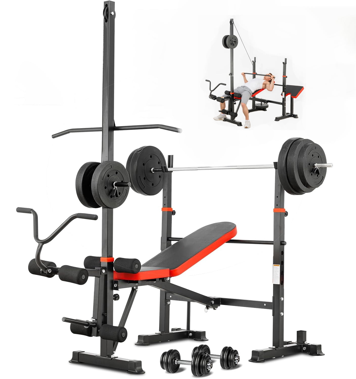 1500LBS 8 IN 1 Foldable Olympic Weight Bench Set with Squat Rack, Leg Extension/Curl & Preacher Curl, Adjustable Bench Press Set with Safety Bar Catches for Home Gym Full Body Workout