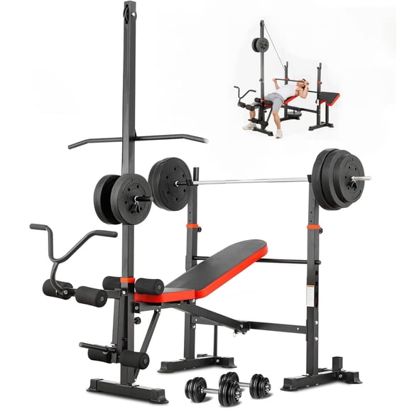 1500LBS 8 IN 1 Foldable Olympic Weight Bench Set with Squat Rack, Leg Extension/Curl & Preacher Curl, Adjustable Bench Press Set with Safety Bar Catches for Home Gym Full Body Workout