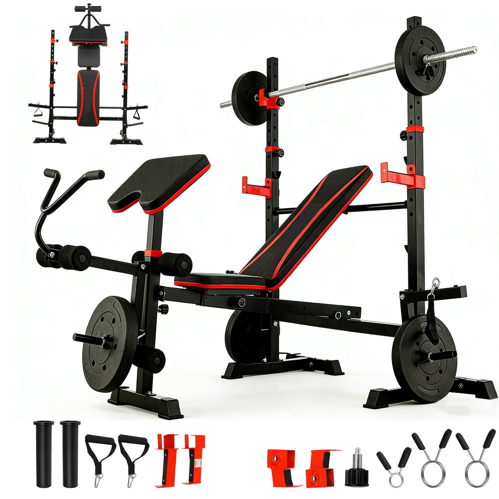 1500LBS Capacity 6 in 1 Olympic Weight Bench Set with Squat Rack & Leg Extension, Adjustable Foldable Workout Bench for Home Gym Full Body Strength Training