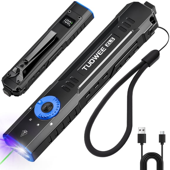 1500Lumen Slim Tactical Flashlight with Green Laser Combo, 3 Light Sources: White Light & 365nm UV Light, Rechargeable EDC Flashlight, Portable Lighting for Home, Outdoor & Daily Use