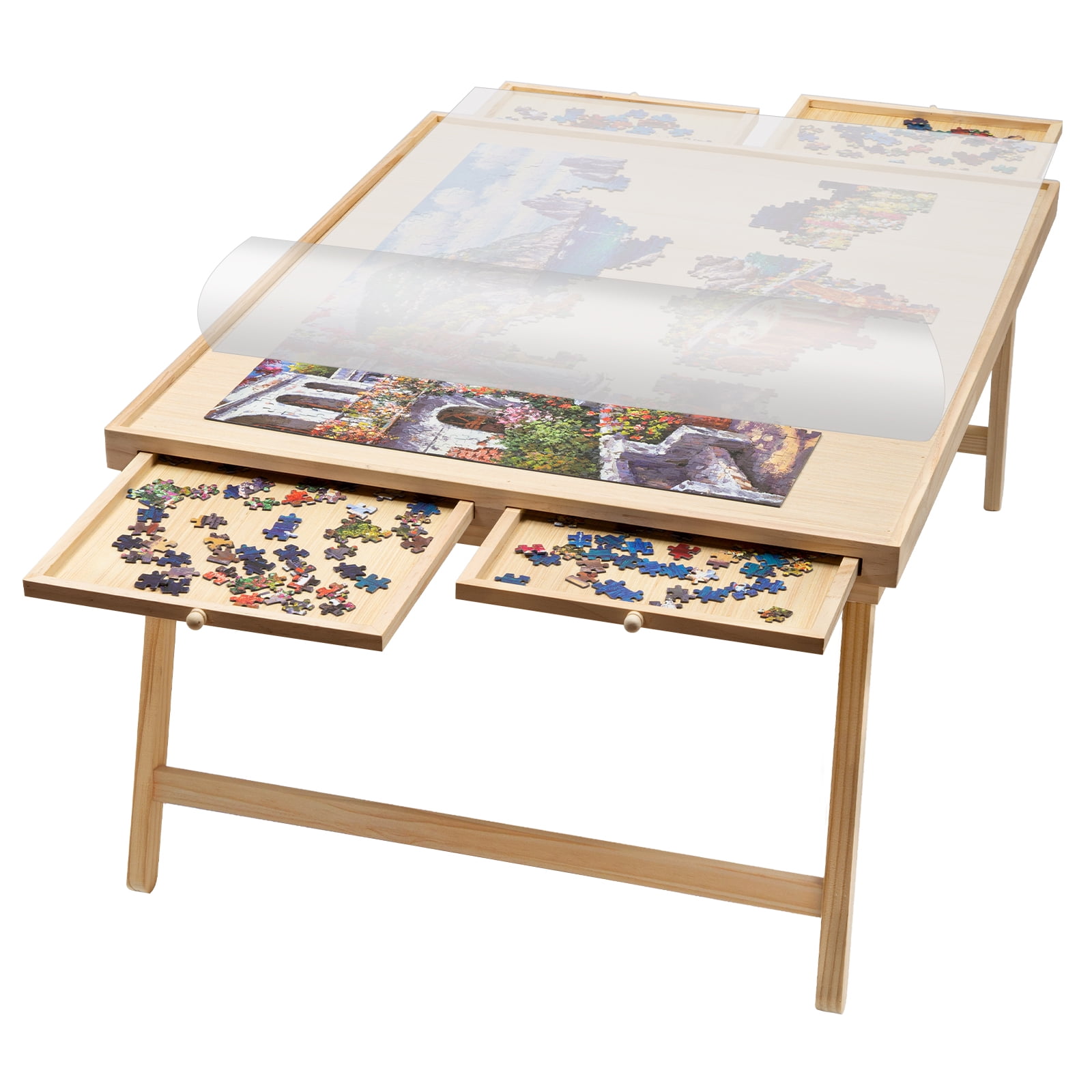 1500 Pieces Wooden Folding Puzzle Table, Jigsaw Puzzle Table with 4 Drawers  and Cover, Portable Puzzle Tables for Adults and Children, 34x26in Puzzle