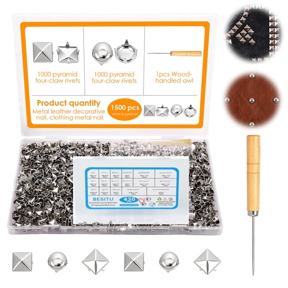 1500Pcs Metal Pyramid and Round Stud Set with Awl Silver, Square Pyramid Studs Leather Rivet Kit for Clothing Craft
