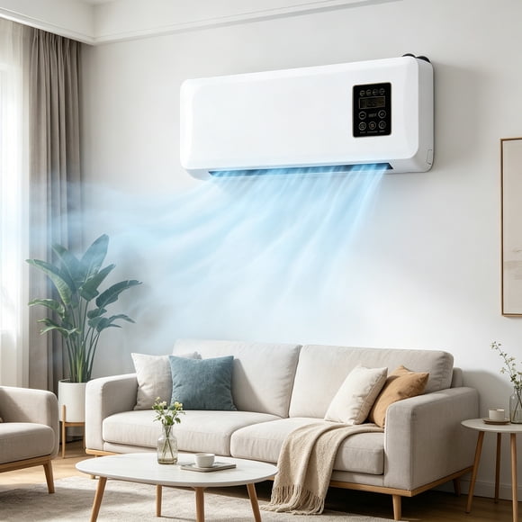 1500W 2 in 1 Wall Mounted Air Conditioner Fan, Portable Cooling & Heating Mini AC Unit, Quiet Smart Heater Combo with Remote Control & Timing for Home Living Room