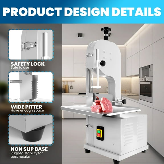 1500W Powerful Bone Slicing Machine with Stainless Steel Workbench for Restaurant Kitchens, Supermarkets, Food Halls