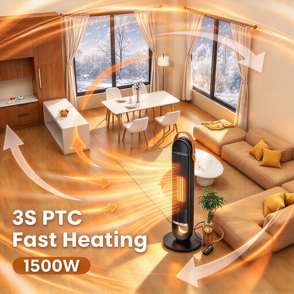 1500W Ceramic Tower Space Heater with 3D Flame Effect, 60° Oscillation ...