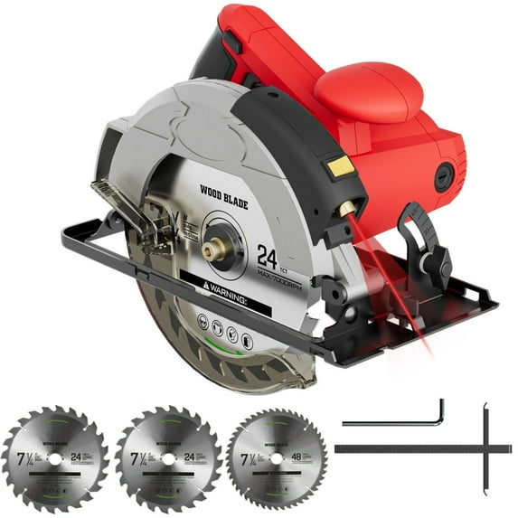 1500W Circular Saw with Laser Guide, 5500RPM Compact Circular Saw with 3 Saw Blades (24T+ 48T)7-1/4'', 0-45° Bevel Adjustment, Corded Electric Saw for Wood