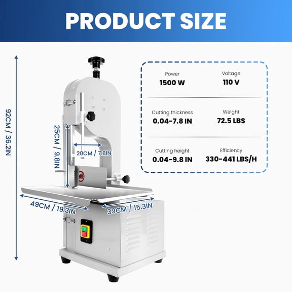 1500W Commercial Bone Saw Machine, 19.3"36.2"15.3" Stainless Steel Workbench, Electric Meat Band Saw with 8 Blades, Frozen Meat Cutter for Restaurant, Supermarket, Butcher Shop
