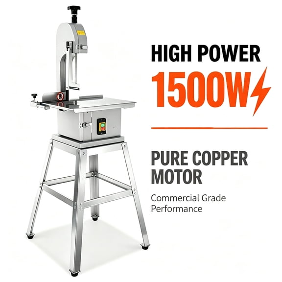 1500W Commercial Meat Bandsaw, Electric Bone Cutter Saw Machine, Pure Copper Motor Stainless Steel with Stand, 330-441 LBS/H, 8 Blades for Frozen Meat Ribs Pork Beef Chicken Fish