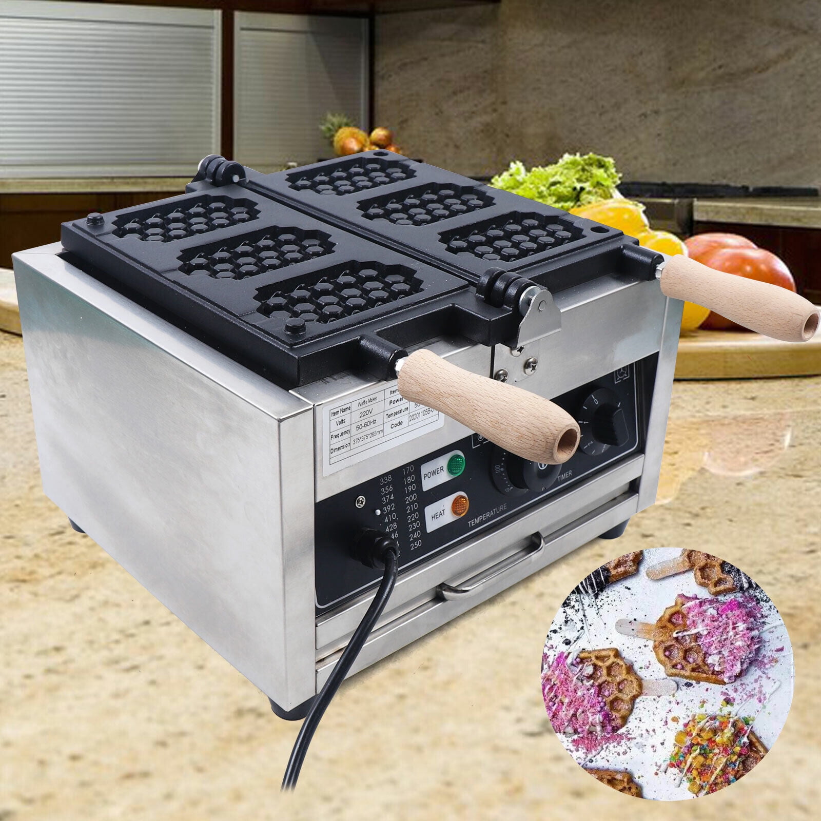 1500W Commercial Nonstick Electric Honeycomb Waffle Pop Maker Baker 3pcs 110V