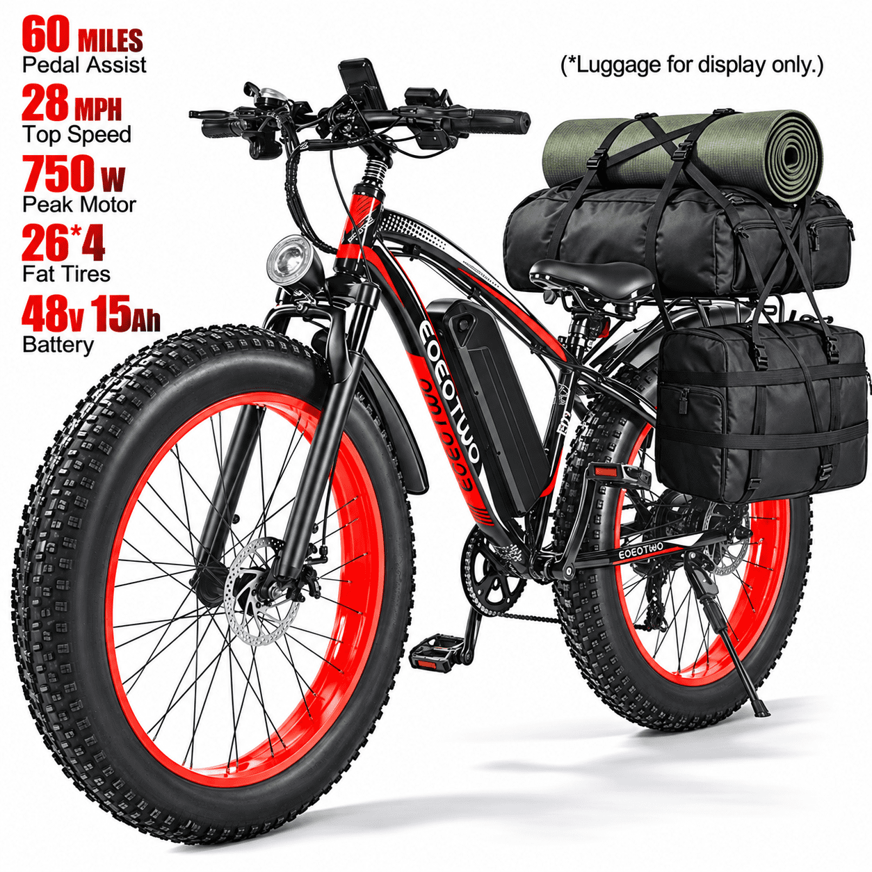 EOEOTWO 26" All-Terrain Fat Tire Electric Mountain Bike for Adults, 750W Motor, 28 MPH, 48V 15Ah Battery, 60-Mile Range, UL 2849 Certified