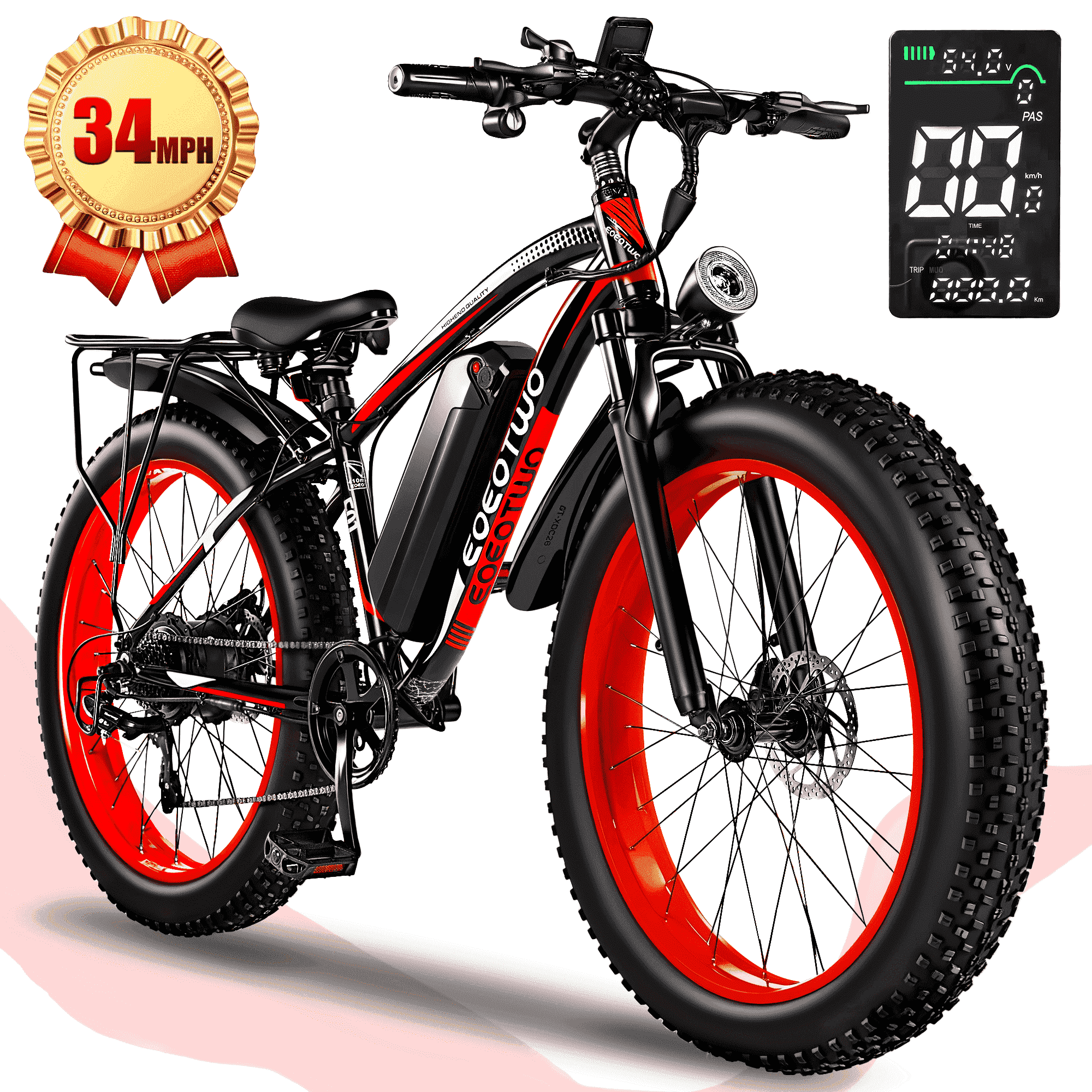 EOEOTWO 26" All-Terrain Fat Tire Electric Mountain Bike for Adults, 1500W Motor, 34 MPH, 48V 15Ah Battery, 60-Mile Range, UL 2849 Certified
