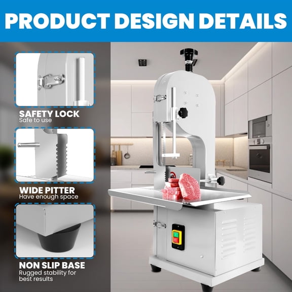 1500W Electric Bone Saw Machine (8 Saw Blades), 0.04-7.8" Cutting Depth, 110V Commercial Bandsaw for Frozen Meat, Chops & Bone-in Cuts