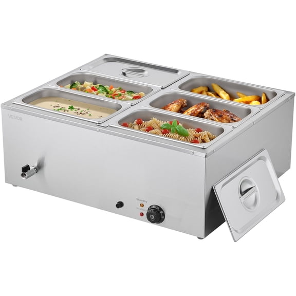 1500W Electric Countertop Food Warmer, Stainless Steel 6-Pan Commercial Steam Bain Marie with Lid, Includes Ladles for Soup & Solid Food, Ideal for Catering Events