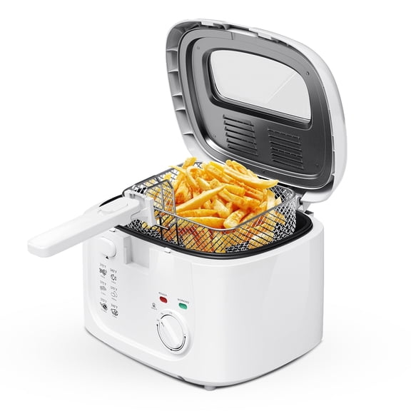 KEINVE 1500W Electric Deep Fryer with Adjustable Temperature Control, 2.5L Non-Stick Basket & Viewing Window, Folding Handle and Locking Cover for Easy Storage, White