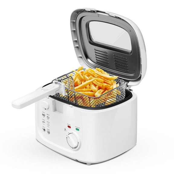 KEINVE 1500W Electric Deep Fryer with Adjustable Temperature Control, 2.5L Non-Stick Basket & Viewing Window, Folding Handle and Locking Cover for Easy Storage, White