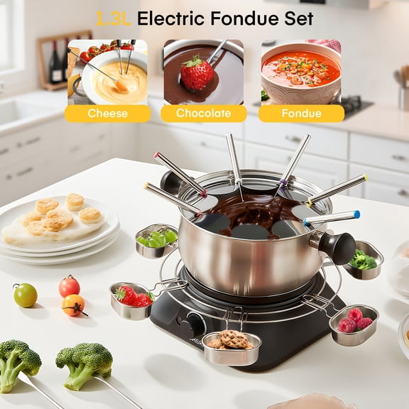 1500W Electric Fondue Maker, 1.4QT Non-Stick Fondue Pot Including 8 Forks, 6 Cups, And Heat-Resistant Handle, Accurate Temperature Control for Cheese, Chocolate, Oil, And Broth