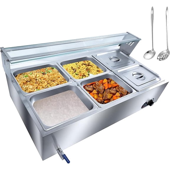 1500W Electric Food Warmer for Buffet, 6-Pan Commercial Stainless Steel Steam Table with Tempered Glass Cover, Adjustable 86-185°F Bain Marie Countertop Warmer for Restaurant Catering Party