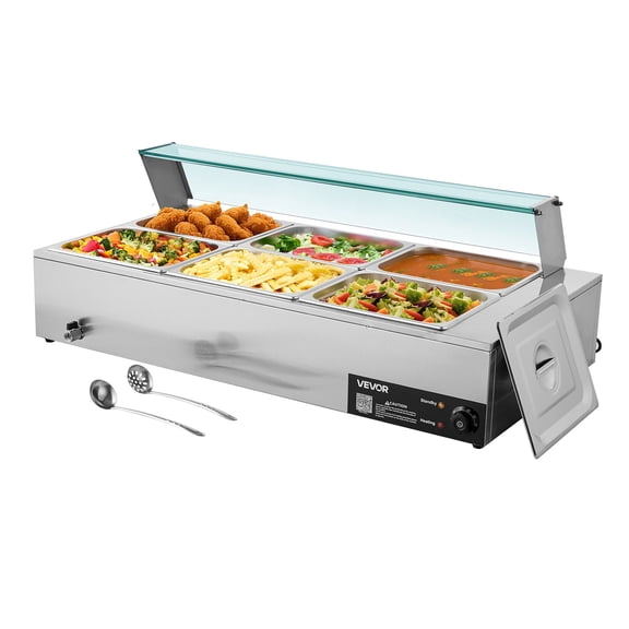 1500W Electric Food Warmer Buffet Station, 6 Half-Size Stainless Steel Pans, Glass Covers, Ladles Included