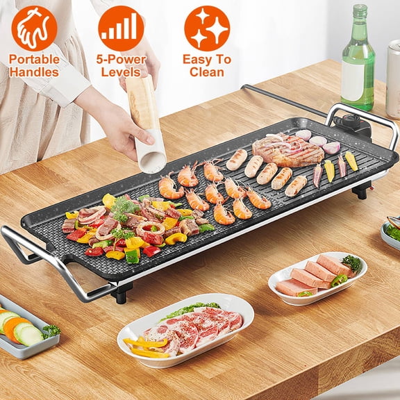 1500W Electric Grill Griddle Non-Stick BBQ Griddle with 5 Levels Adjustable Temperature up to 473℉ Flat & Strip Texture Surface Hot Plate for Barbecue 29 x 11 Black