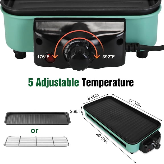 1500W Electric Indoor Grill, 2 in 1 Korean BBQ Grill for Kitchen, with Grill Net Removable Plate 3 Small Trays, 5 Temperature Control, Dishwasher Safe