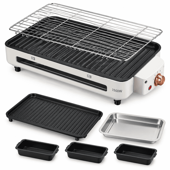 1500W Electric Indoor Grill, 2 in 1 Portable Smokeless Indoor Raclette Table Grill, BBQ Grill for Kitchen with Grill Net & Non-Stick Cooking Removable Plate, Temperature Control