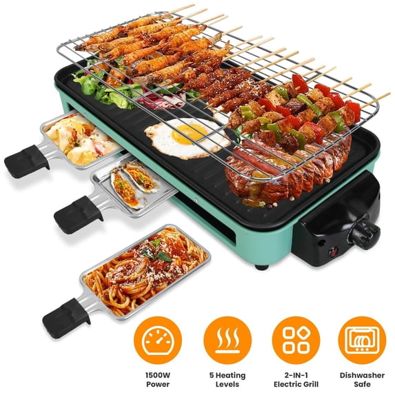 1500W Electric Indoor Grill,2 in 1 Portable Smokeless Indoor Raclette Table Grill,Korean BBQ Grill for Kitchen with Grill Net & Non-Stick Cooking Removable Plate 5 Temperature Control,Dishwasher Safe
