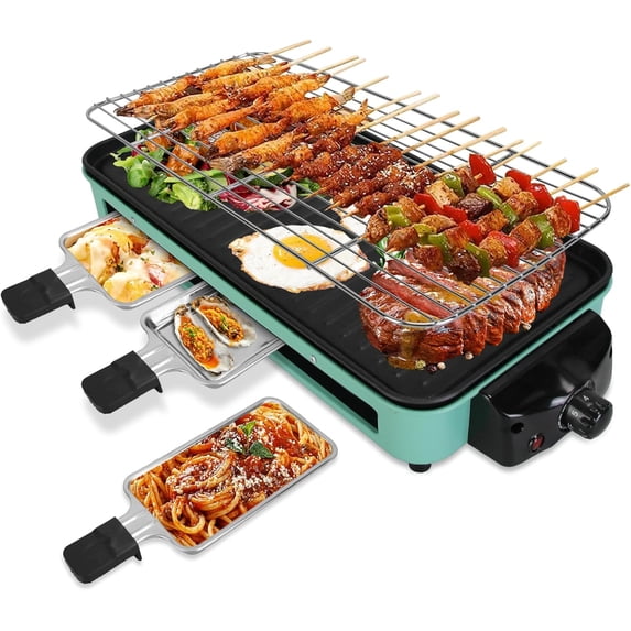 1500W Electric Indoor Grill,2 in 1 Portable Smokeless Indoor Raclette Table Grill,Korean BBQ Grill for Kitchen with Grill Net & Non-Stick Cooking Removable Plate 5 Temperature Control,Dishwasher Safe