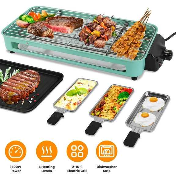 TeqHome Counter Top Indoor Grill Electric 2 in 1 1500W Electric Grill for Kitchen with Grill Net 5 Temperature Control 3 Small Trays Removeable Plate Dishwasher Safe Green