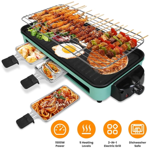 TeqHome Countertop Indoor 2in1 Electric Cooker 1500W 5Level Temp Control Removable DishwasherSafe Plate Grill Net 3 Small Trays Green