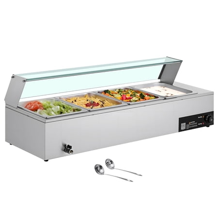 Commercial 1500W Electric Stainless Steel Food Warmer with Glass Cover, 4-Pan Countertop Buffet Bain Marie for Catering, Restaurants, Parties, Soups, Sauces, Stews with Perforated Ladles